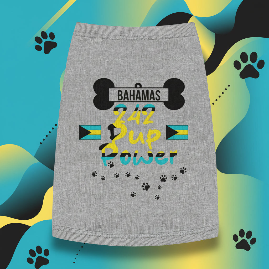 Gray pet dress with 'Bahamas Up Your Power' text and flags on a white background