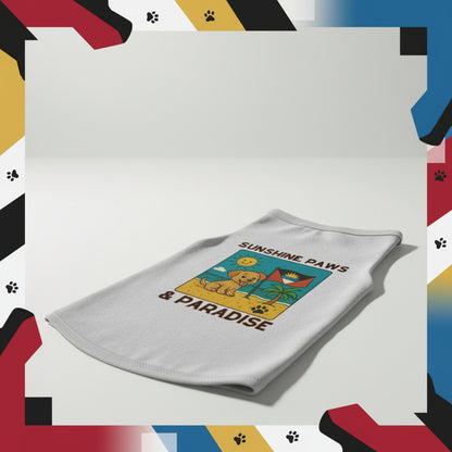 White dog bandana with a beach-themed design and text on a white background