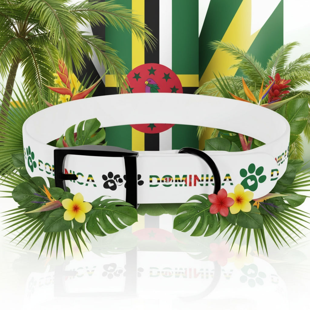 White mug with black handle and 'DOMINICA' branding against a tropical background with palm trees and flowers.