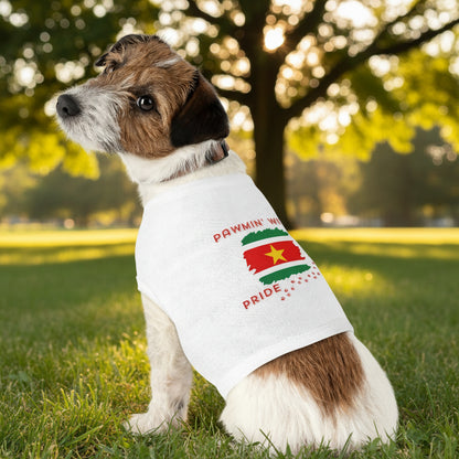 Dog wearing a shirt with a flag design and text in a park