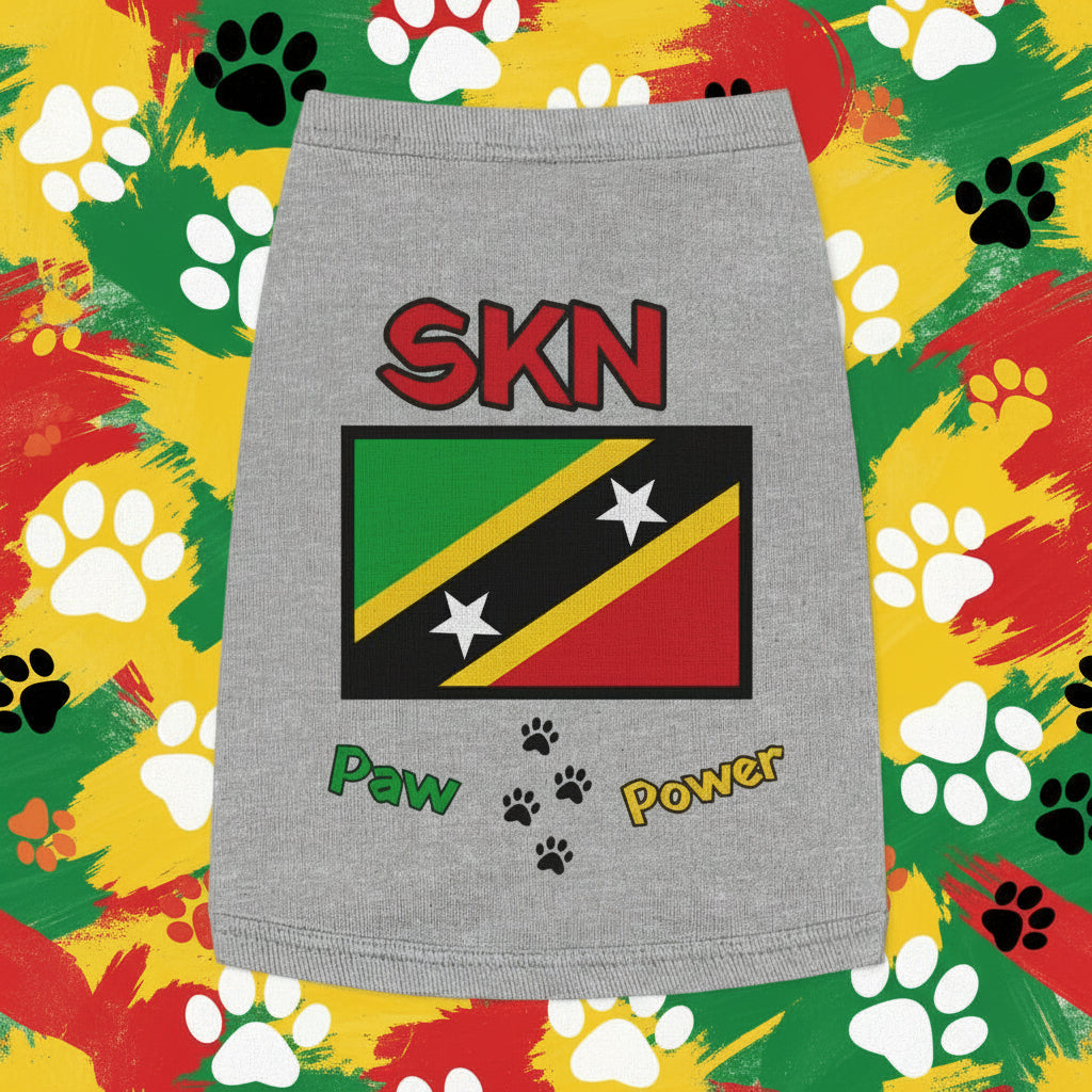 Gray pet skirt with Saint Kitts and Nevis flag design on a pink background with green leaves.