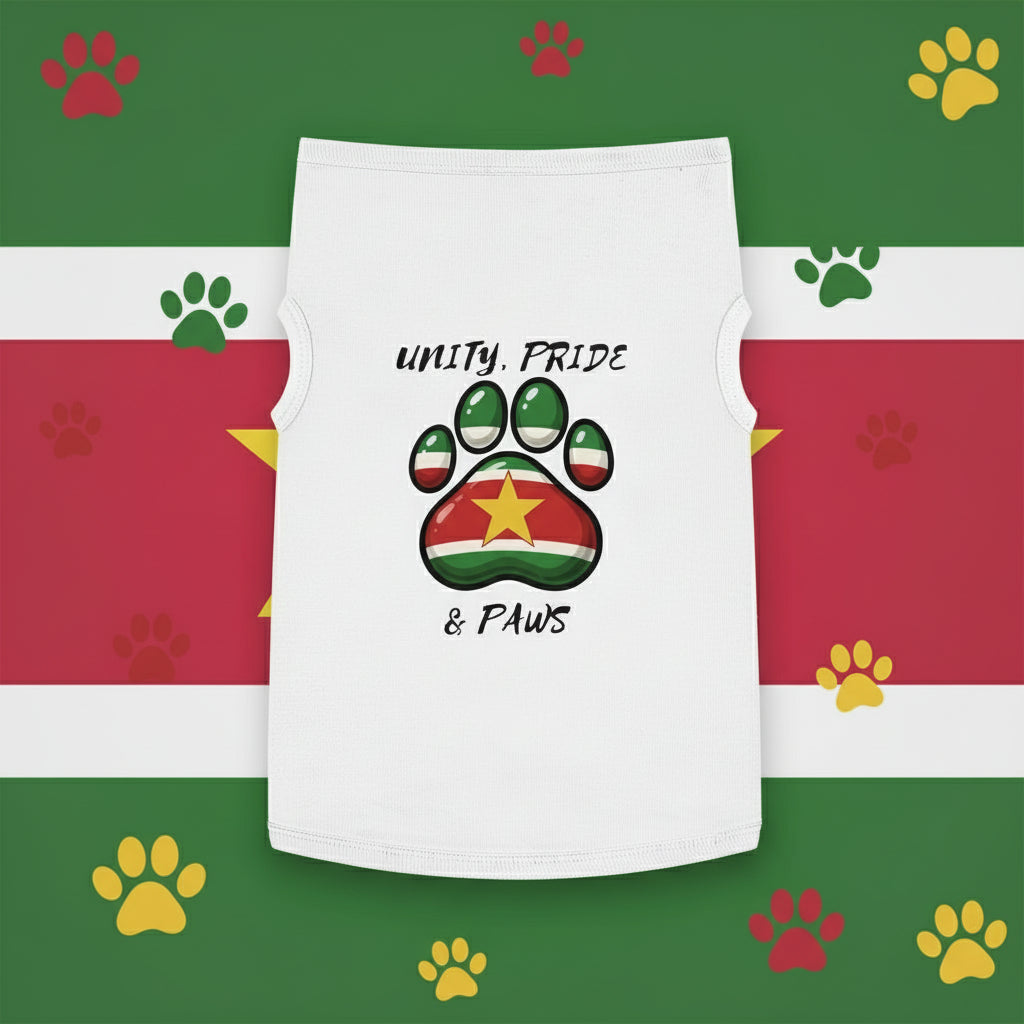 White tank top with a paw print design and text on a green leafy background