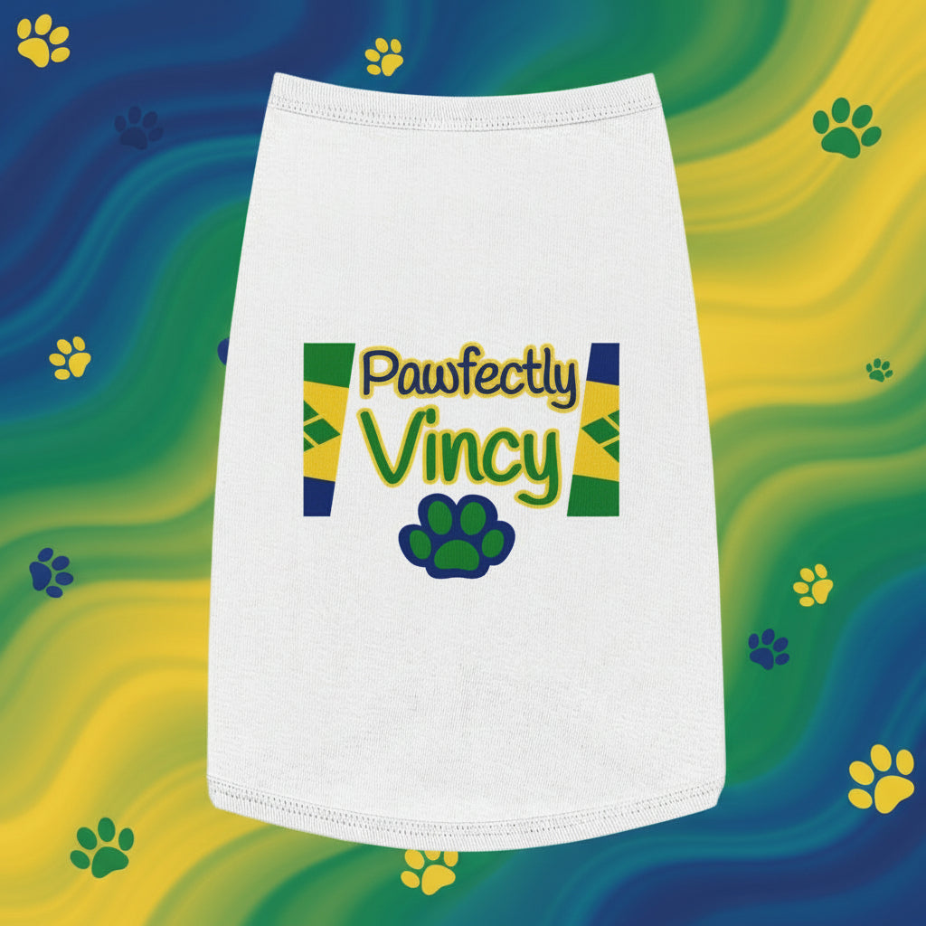 White pet bandana with 'Pawfectly Vincy' text and paw print design on a white background