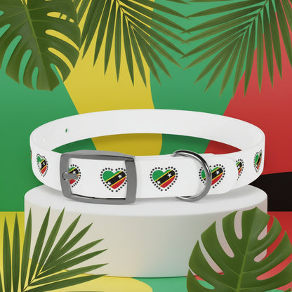 White dog collar with heart-shaped designs on a white background with green leaves.