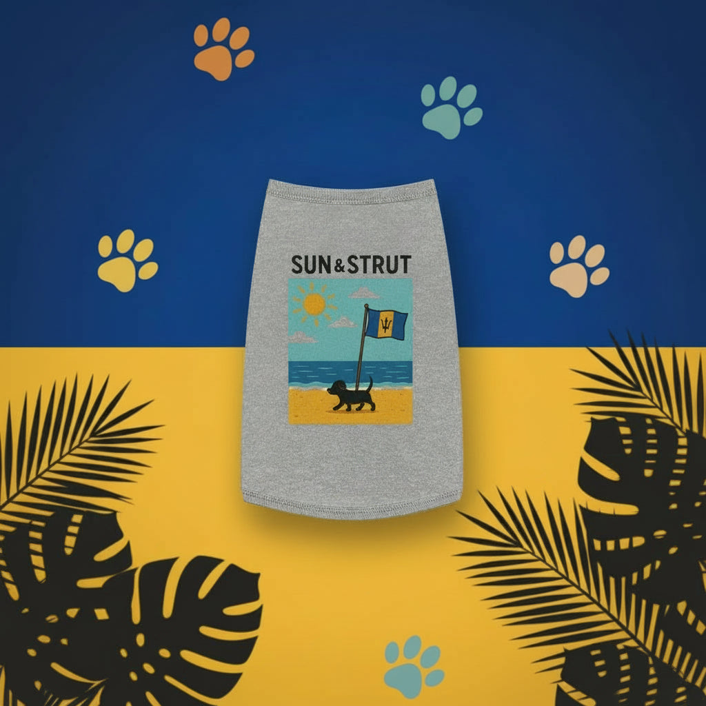 Dog sweater with 'Sun & Strut' design on a blue and yellow background with palm leaves.
