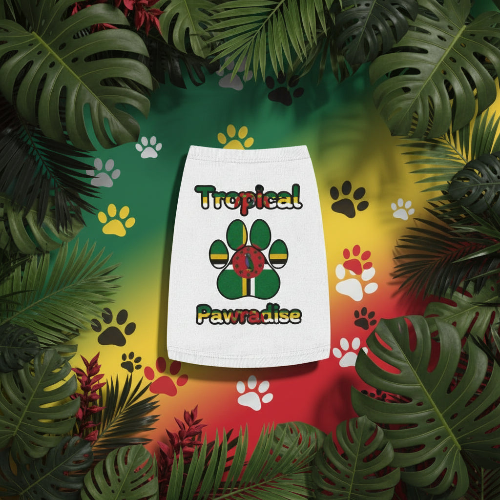 White skirt with 'Tropical Pawradise' design surrounded by green leaves