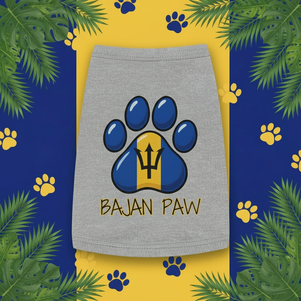 Gray pet skirt with blue paw print and yellow 'Bajan Paw' text on a white background