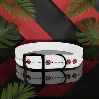 White dog collar with red and black patterns on a marble surface with green leaves.