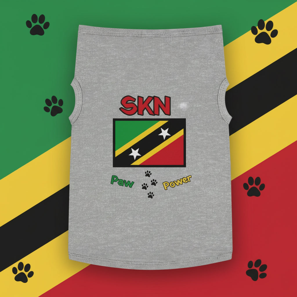 Gray sleeveless shirt with Saint Kitts and Nevis flag design and 'SKN Paw Power' text, against a tropical background.
