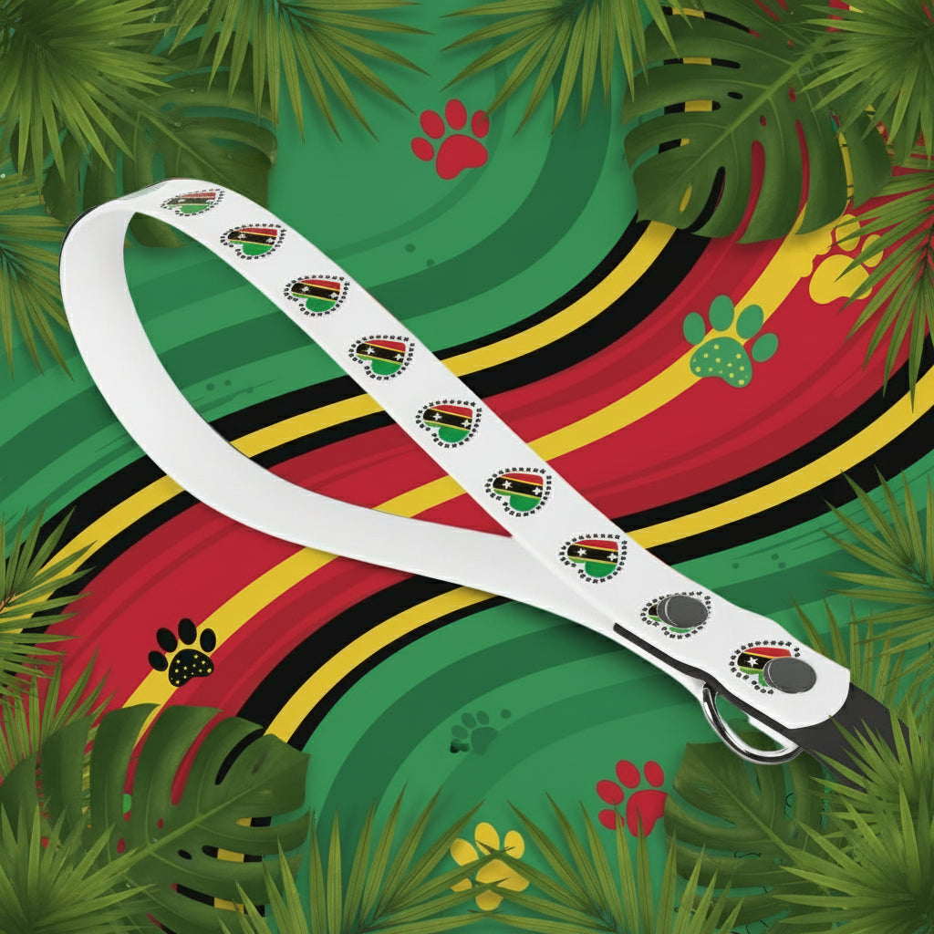 White lanyard with black and green designs on a white background