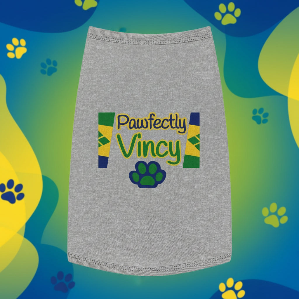 Gray pet dress with colorful text and paw design on a white background