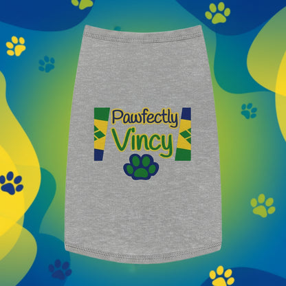 Gray pet dress with colorful text and paw design on a white background