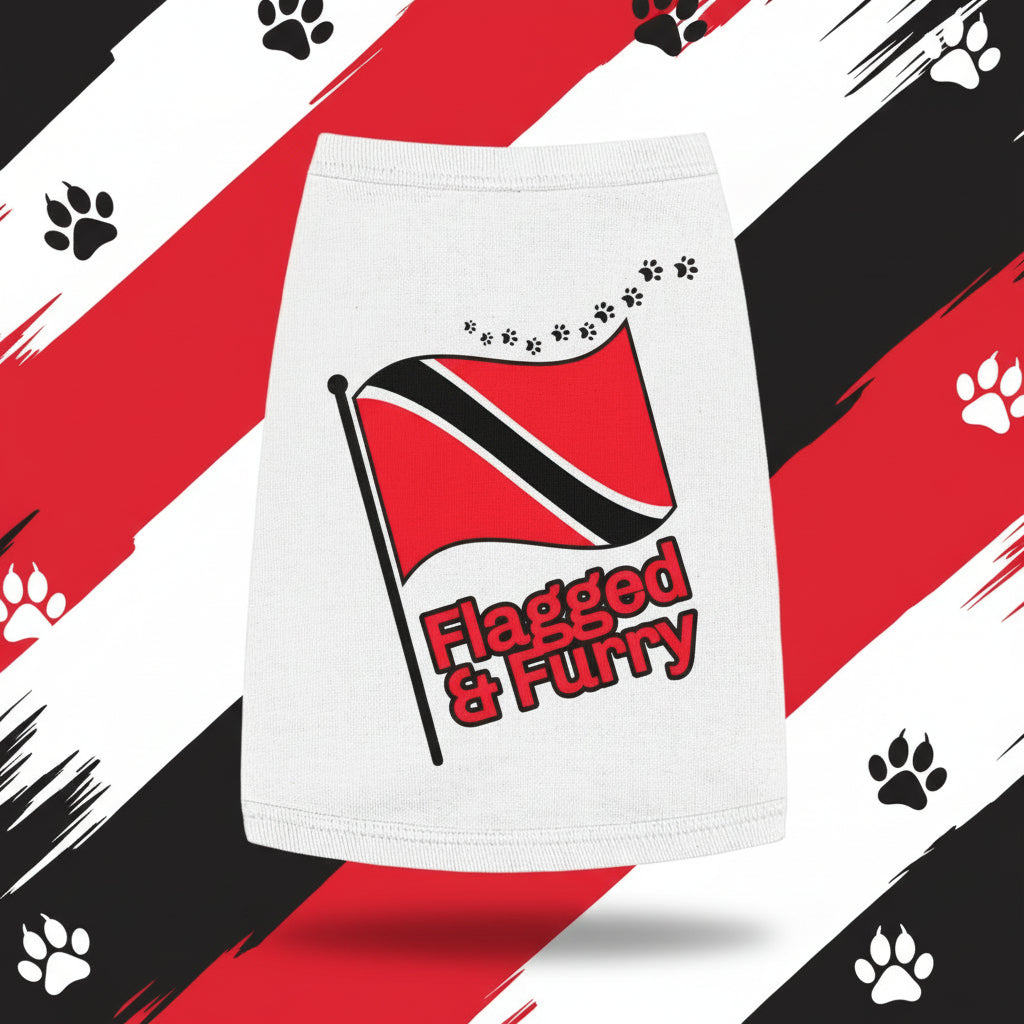 White skirt with a flag design and 'Flagged & Furry' text on a gray background