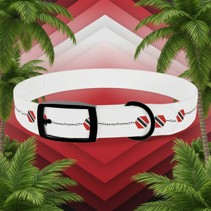 White dog collar with red and black pattern on a white background