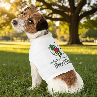 Dog wearing a white shirt with text and graphics in a park
