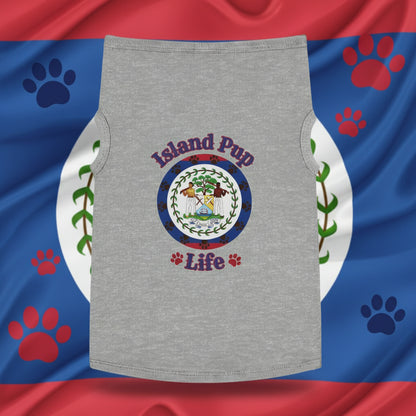 Gray sleeveless shirt with 'Island Pup Life' design on a colorful background with palm leaves.