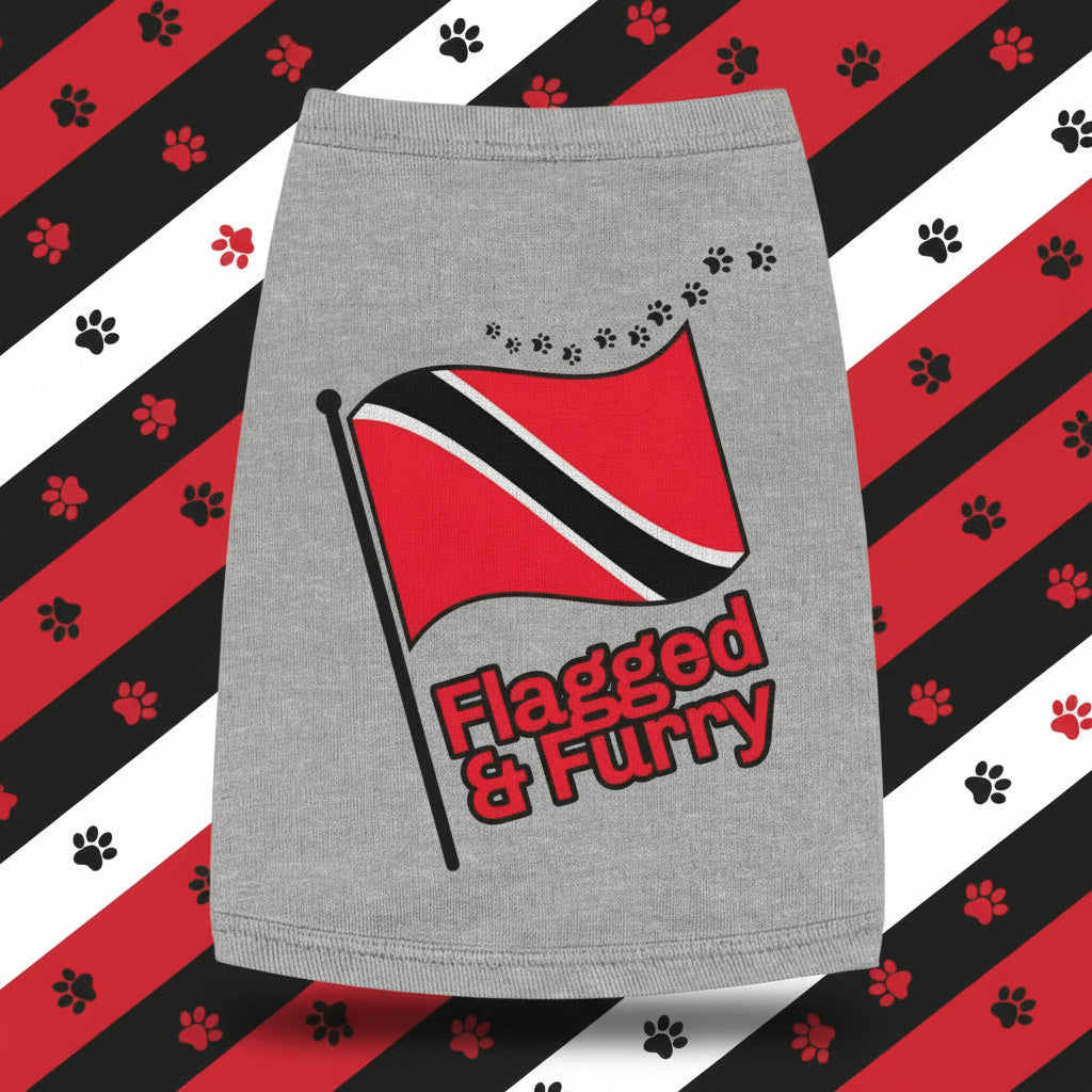 Gray skirt with a red and black flag design and 'Flagged & Furry' text on a white background