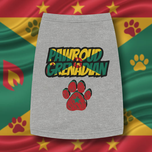 A dog wearing a white tank top with 'Pawroud Grenadian' text and a paw print design in red and green colors