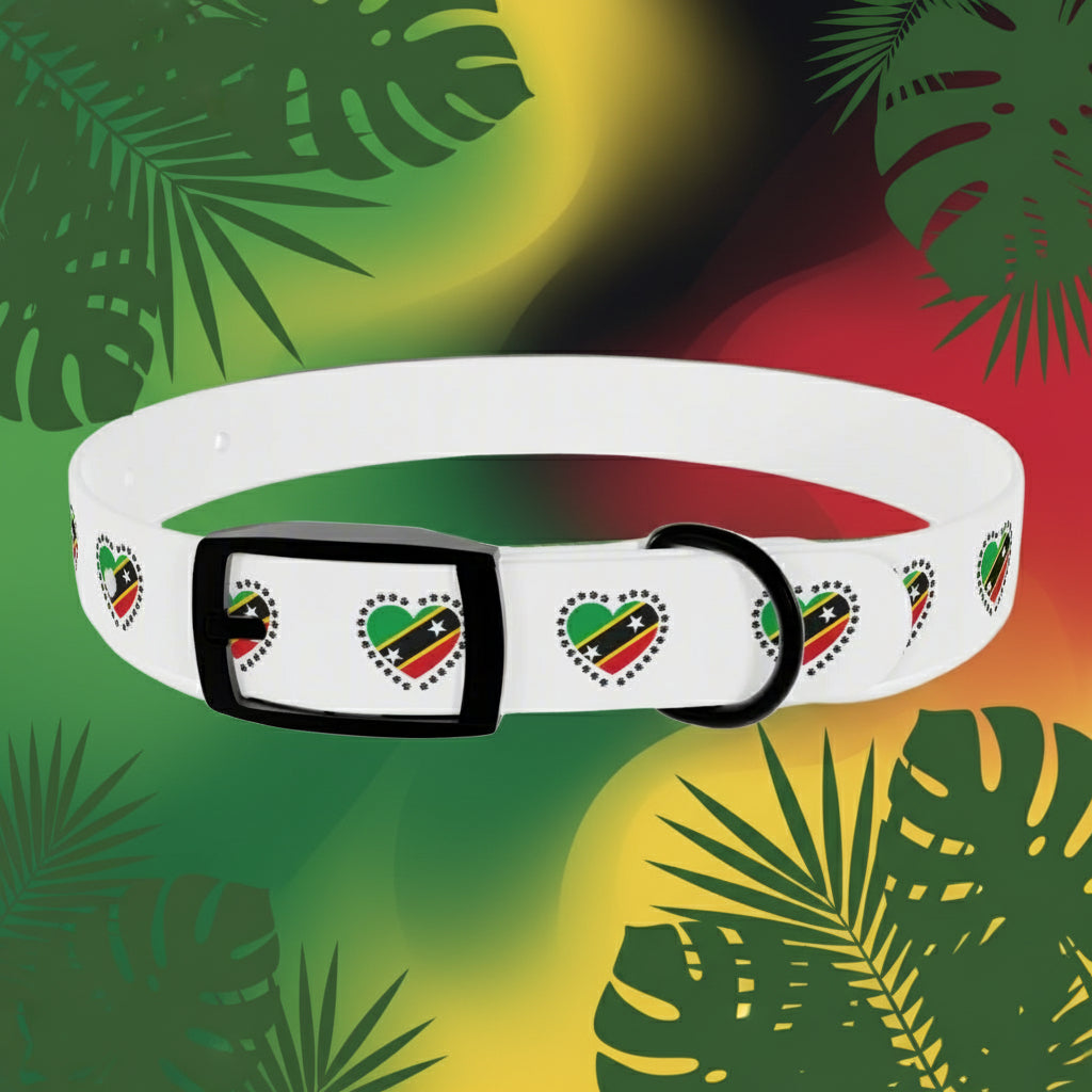White dog collar with heart-shaped designs featuring the flag of Tanzania on a white background
