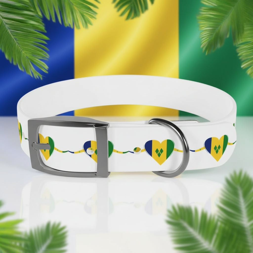 White dog collar with heart designs and a metal buckle on a white background