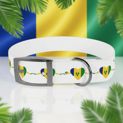 White dog collar with heart designs and a metal buckle on a white background