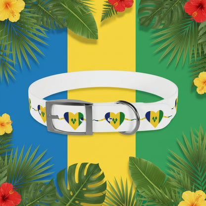 White dog collar with heart-shaped designs on a gray background