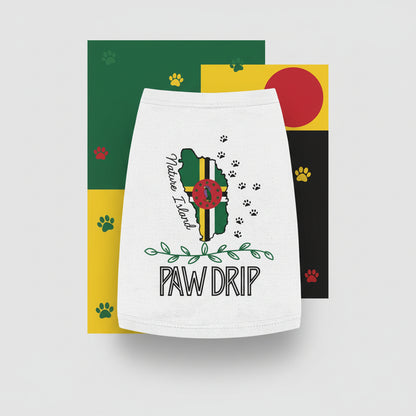 White pet skirt with a map design and 'PAW DRIP' text on a white background