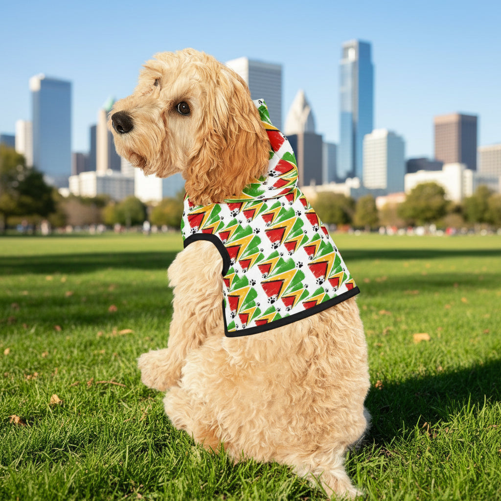 Dog wearing a colorful patterned shirt on a white background