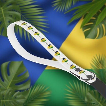 White dog leash with colorful dog toy pattern on a white background