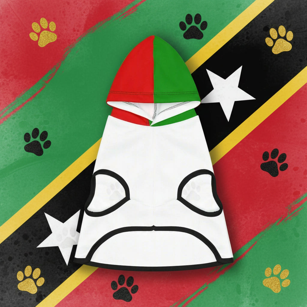 Pet hoodie with red and green hood on a pink background with palm leaves