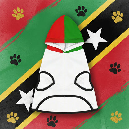 Pet hoodie with red and green hood on a pink background with palm leaves