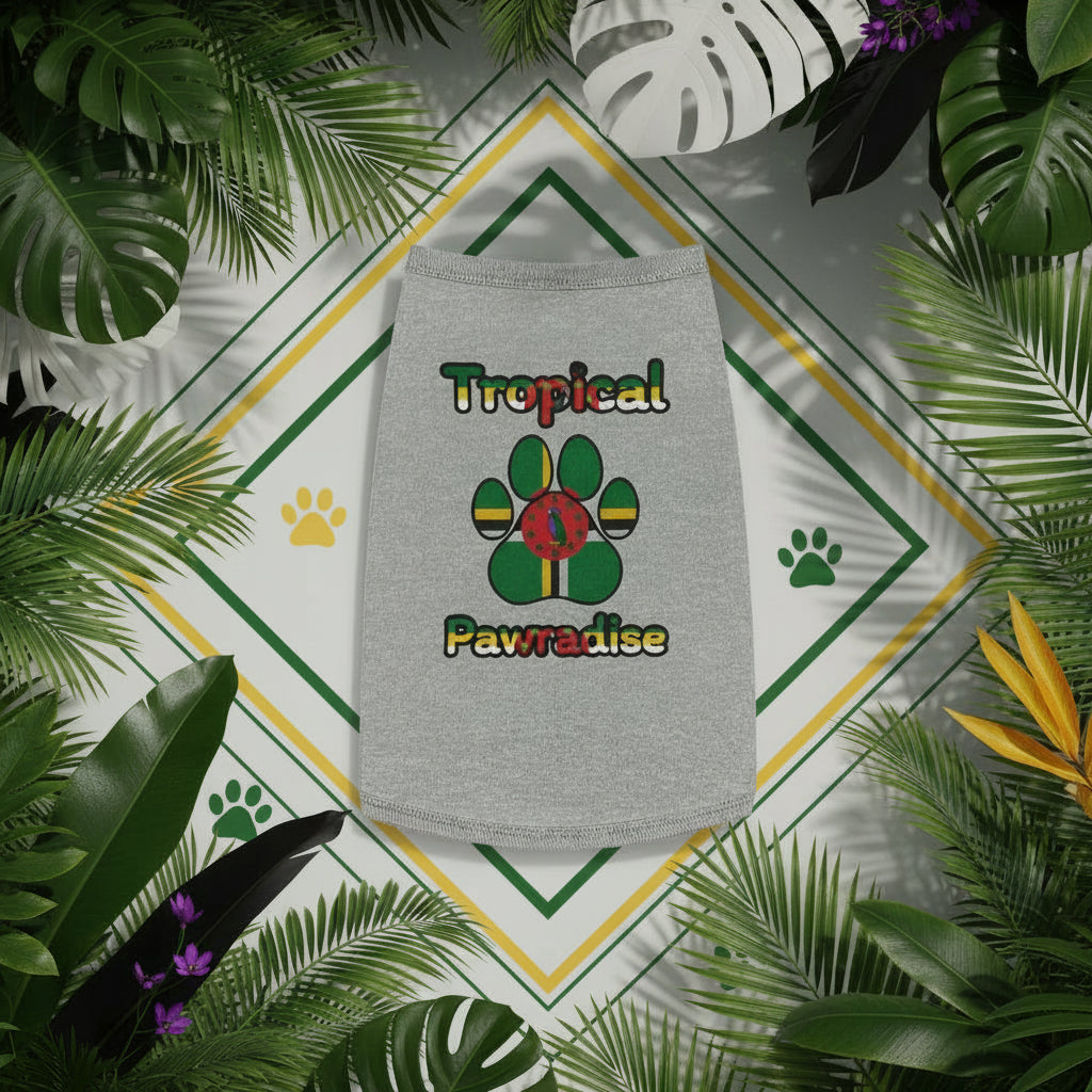 Gray pet shirt with colorful paw design and text on a white background