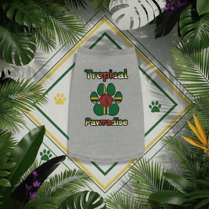 Gray pet shirt with colorful paw design and text on a white background