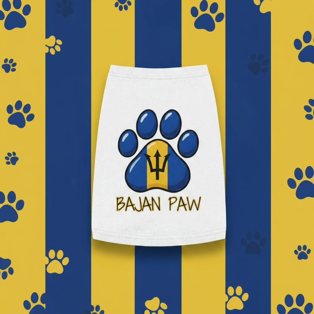 White towel with blue paw print and 'Bajan Paw' text on a yellow and blue striped background with green leaves.