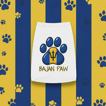 White towel with blue paw print and 'Bajan Paw' text on a yellow and blue striped background with green leaves.