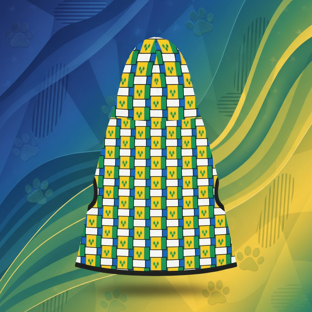 Patterned fabric with green, yellow, and blue design on a gray background with green leaves.