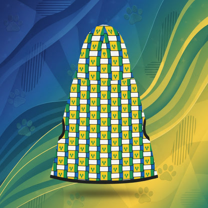 Patterned fabric with green, yellow, and blue design on a gray background with green leaves.