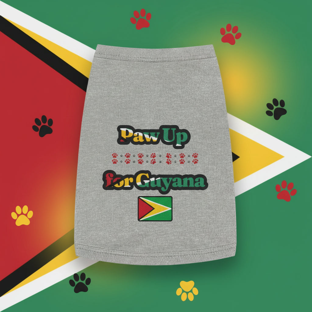 Gray pet skirt with 'Paw Up for Guyana' text and flag design on a white background