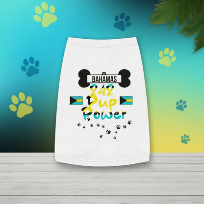White pet dress with 'Bahamas 242 Dog Power' text and flags on a white background