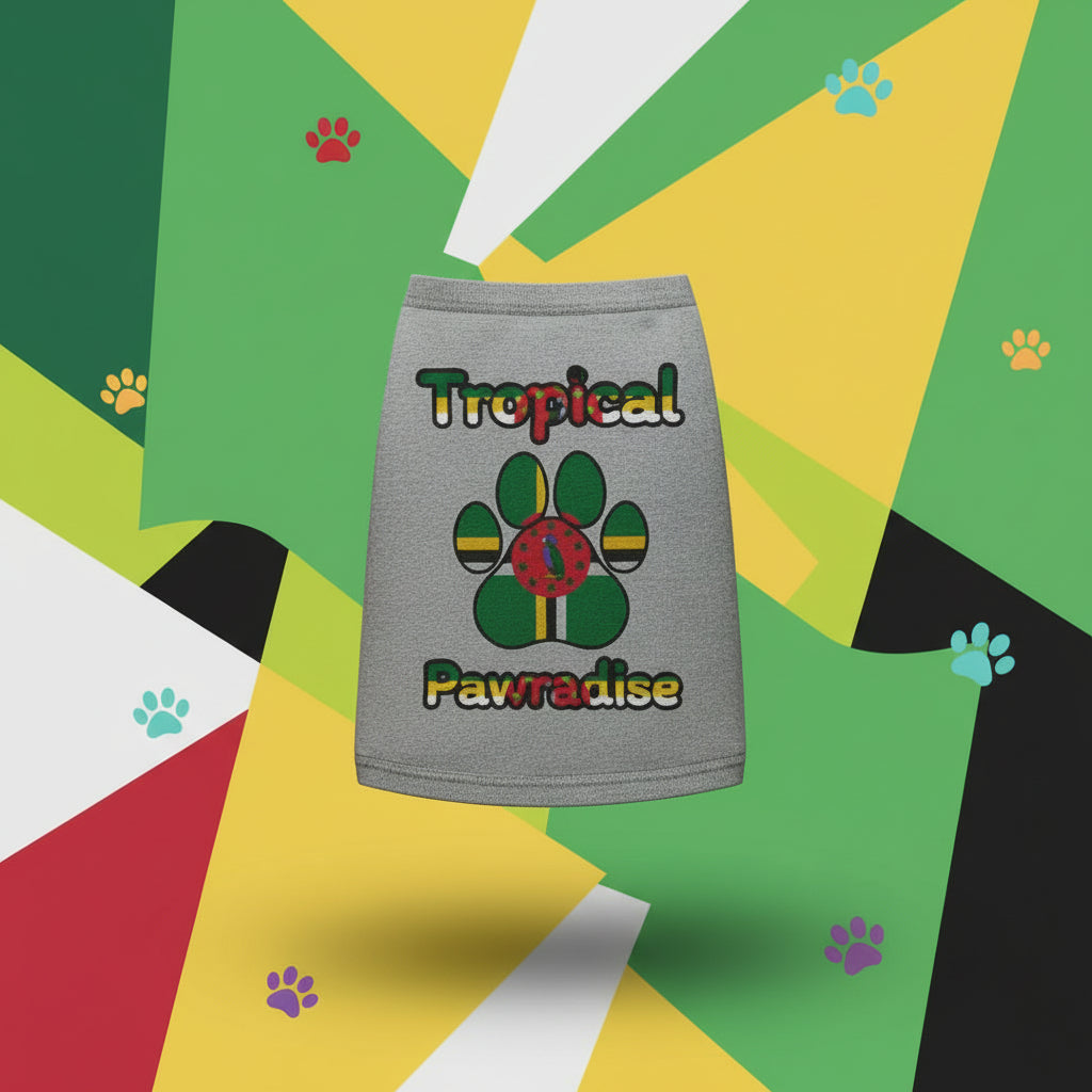 Gray pet skirt with a colorful paw design and 'Tropical Pawradise' text on a white background