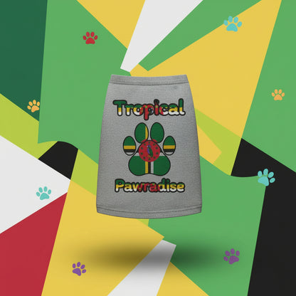 Gray pet skirt with a colorful paw design and 'Tropical Pawradise' text on a white background