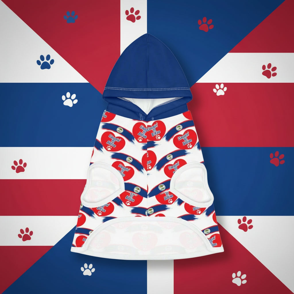 Dog hoodie with red and blue heart pattern on a gray background