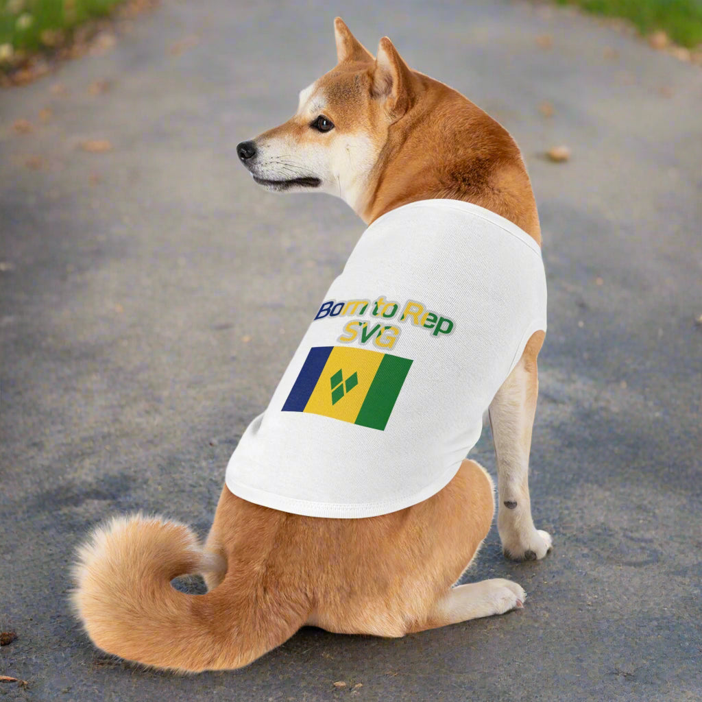 Dog wearing a white t-shirt with text and a flag design on a white background