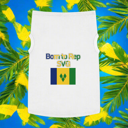White tank top with 'Born to Rep SVG' text and flag design on a blue background with yellow flowers and green leaves.