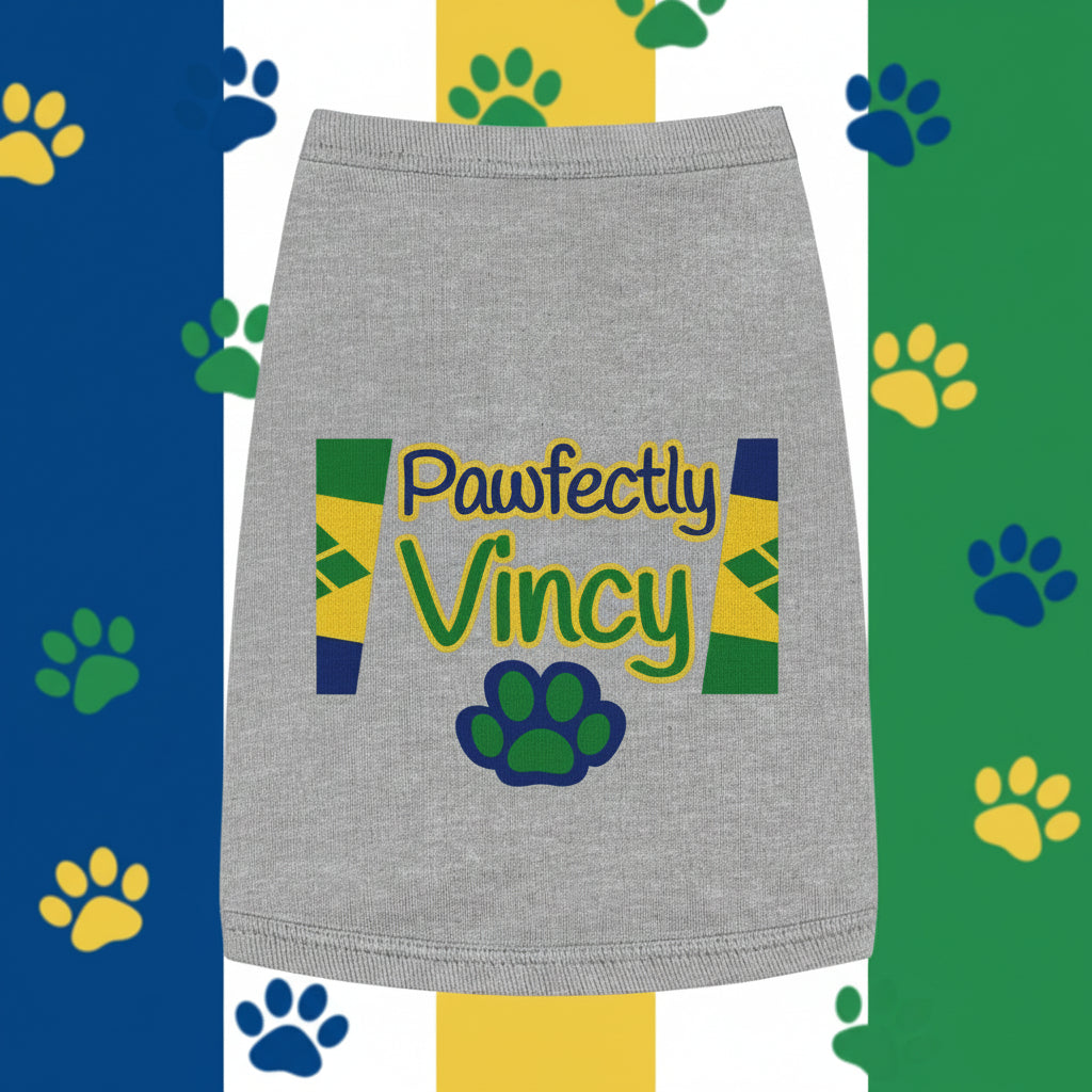 Gray pet skirt with 'Pawfectly Vincy' text and paw print on a palm tree background