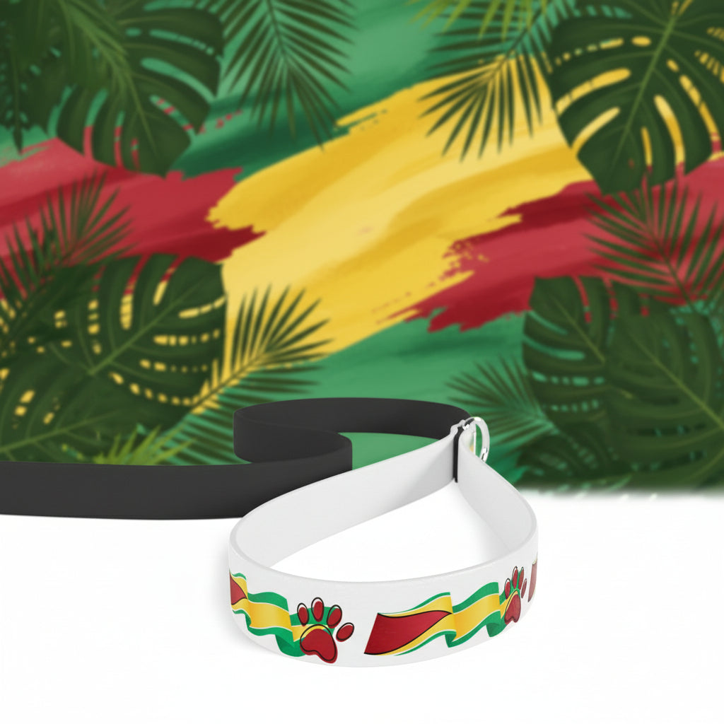 White belt with colorful paw print design on a white background