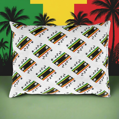 Pillow with Rastafarian flag pattern on a colorful background with palm trees