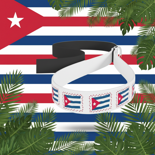 A colorful dog leash with Cuba flag design, placed over a dog's harness, displayed in an outdoor setting with a green lawn and a red mailbox in the background.