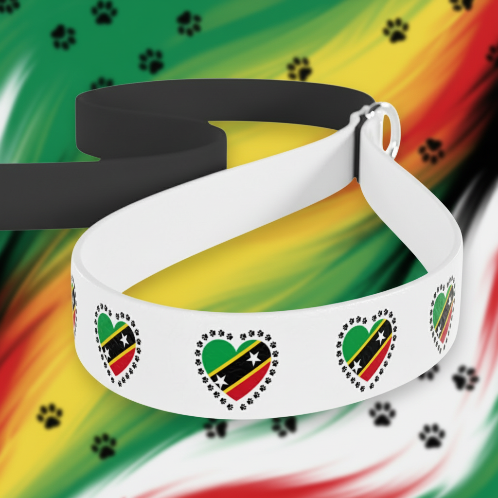 White headband with heart-shaped Saint Kitts and Nevis flags on a sandy background
