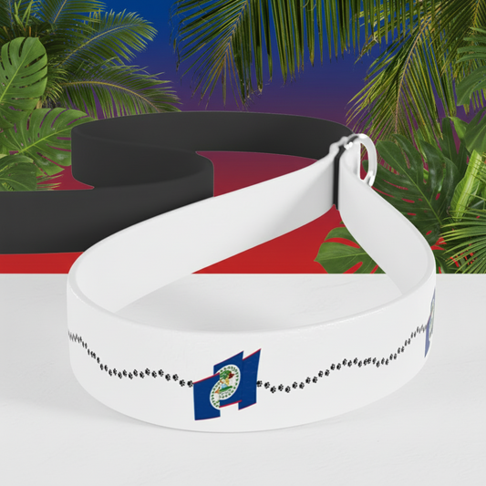 Black and white headbands with a flag design on a sandy background with palm leaves.